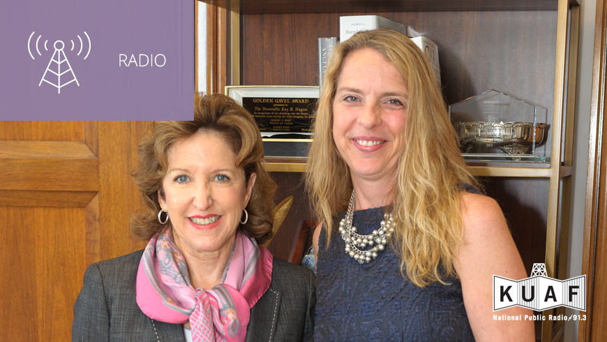 Photo of Kay Hagan and Jennifer Platt with KUAF logo and white sans-serif type in upper left on muted lavender background with radio icon