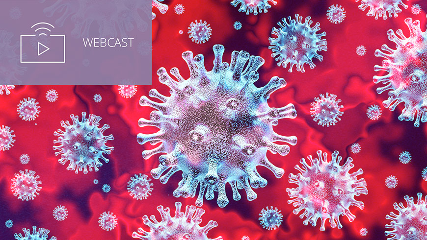 Illustration of COVID-19 virus and white sans-serif type in upper left on muted lavender background with webcast icon