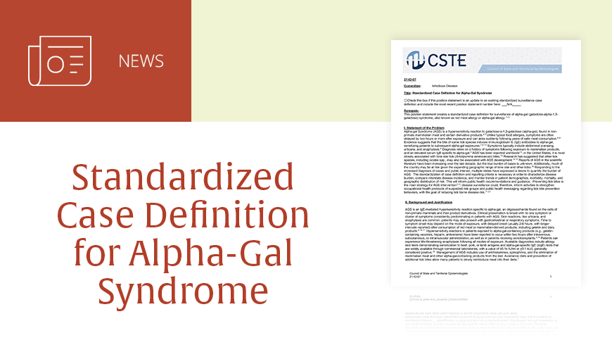 Cover of Standardized Case Definition for Alpha-Gal Syndrome with white sans-serif type in upper left on dark orange background with news icon